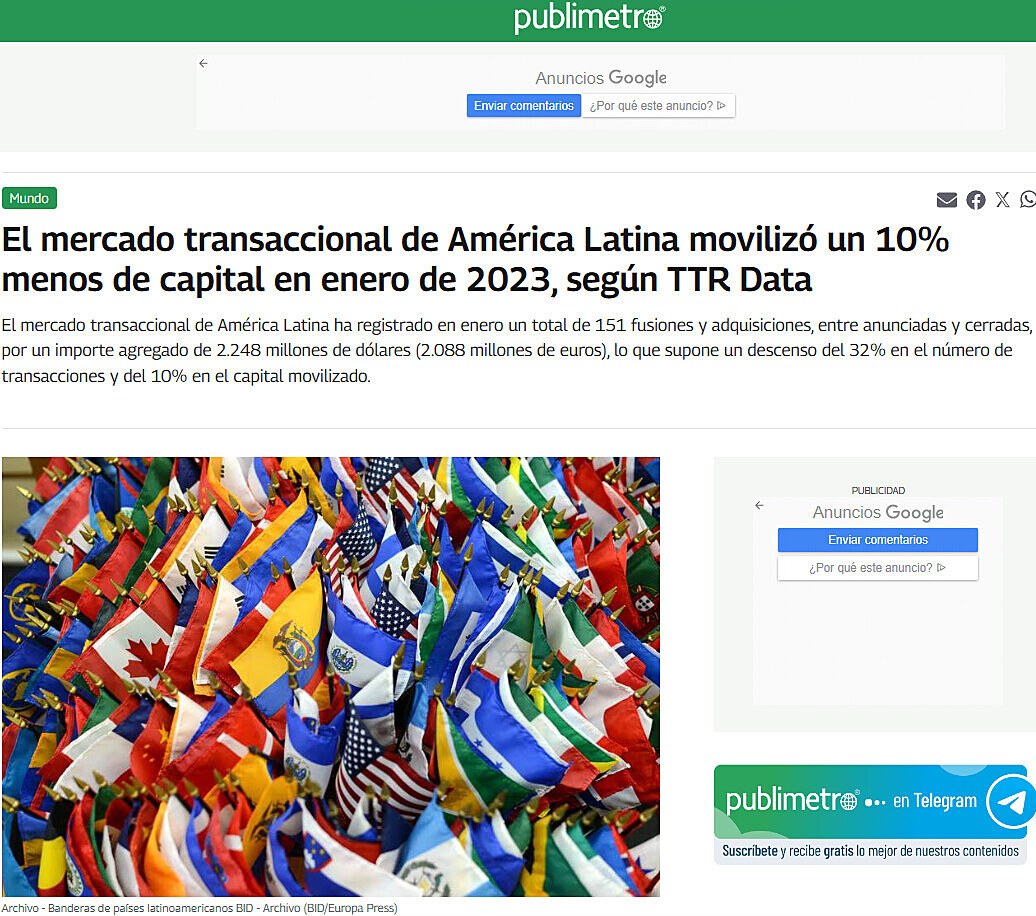 El mercado transaccional de Amrica Latina moviliz un 10% menos de capital en enero de 2023, segn TTR Data